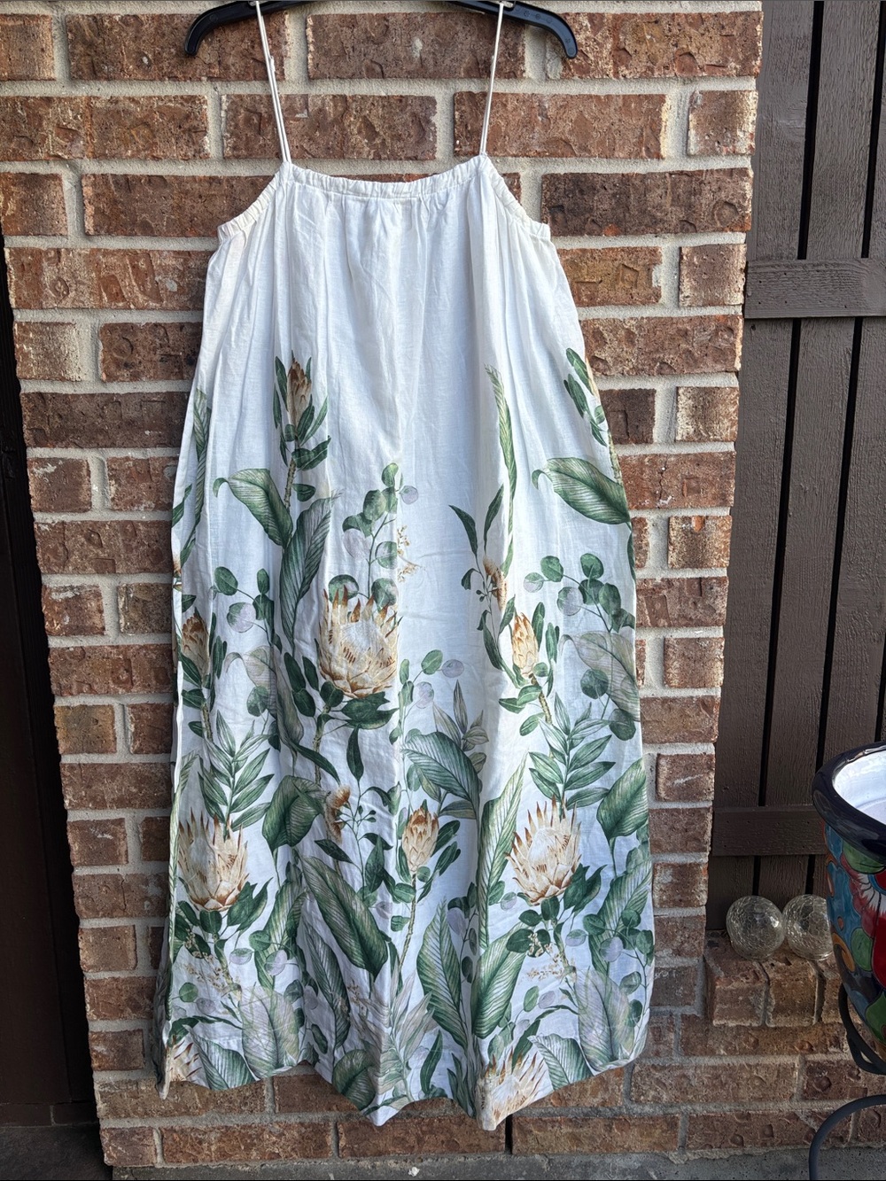 H&M White linen blend Floral Maxi dress Green Botanical Print